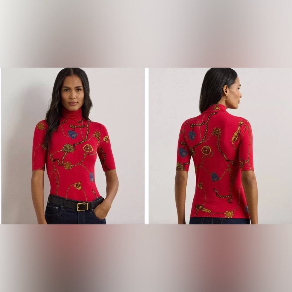 New Lauren Ralph Lauren Belting Print Patterned Jersey Turtleneck Women's Top 3X